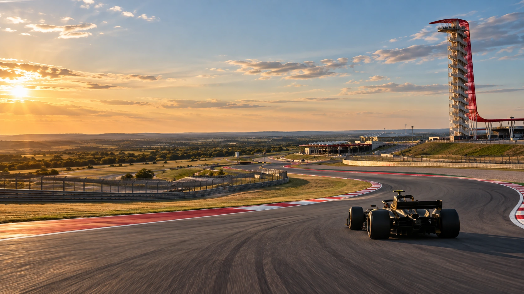 An unbranded black open-wheel car on a dry COTA-inspired circuit beneath the red observation tower.