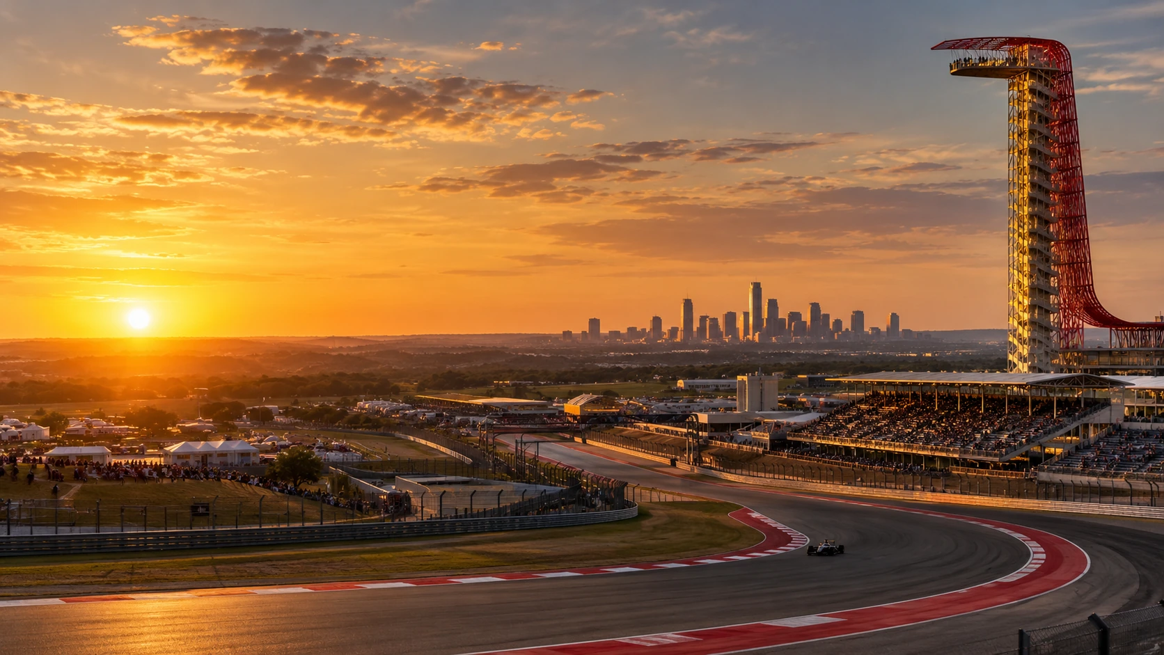 Warm Texas evening light over a COTA-inspired circuit, its red observation tower and Austin city atmosphere.