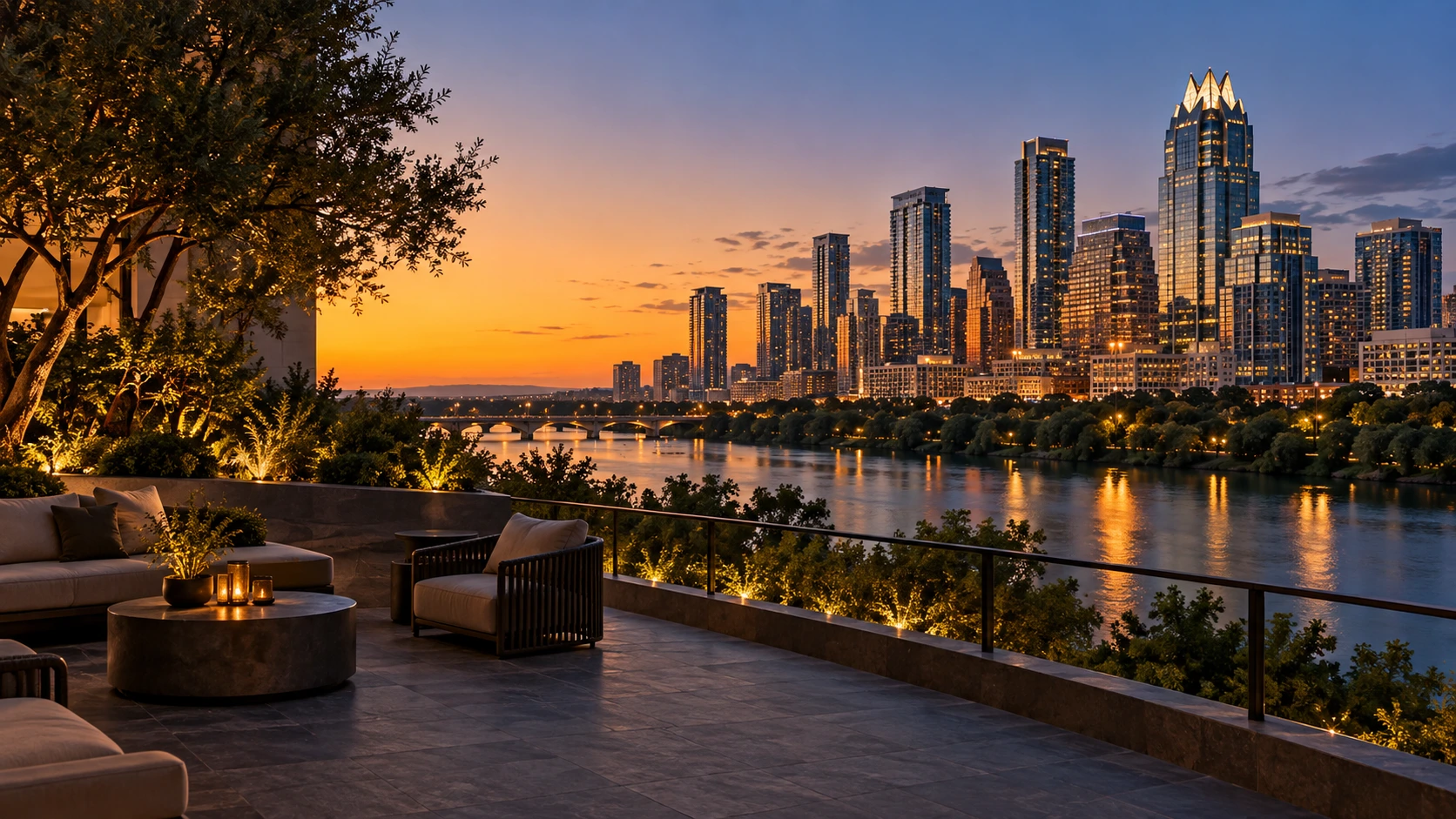 An elegant anonymous terrace overlooking Lady Bird Lake and Austin’s skyline at dusk.