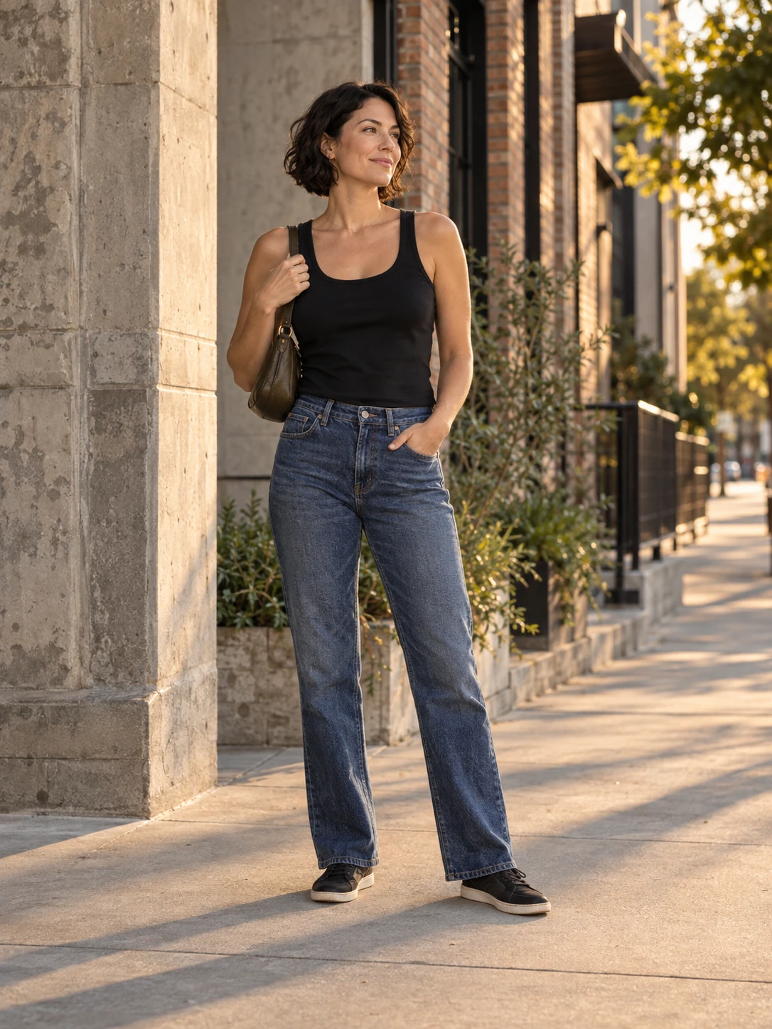 A woman in a black cotton tank, straight indigo jeans and dark walking sneakers standing confidently against Austin brick and concrete architecture.
