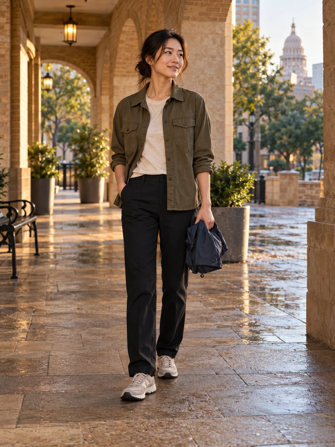 A woman in an olive utility overshirt, ecru top, black lightweight trousers and grip-soled sneakers beneath a sheltered Austin arcade after a shower.