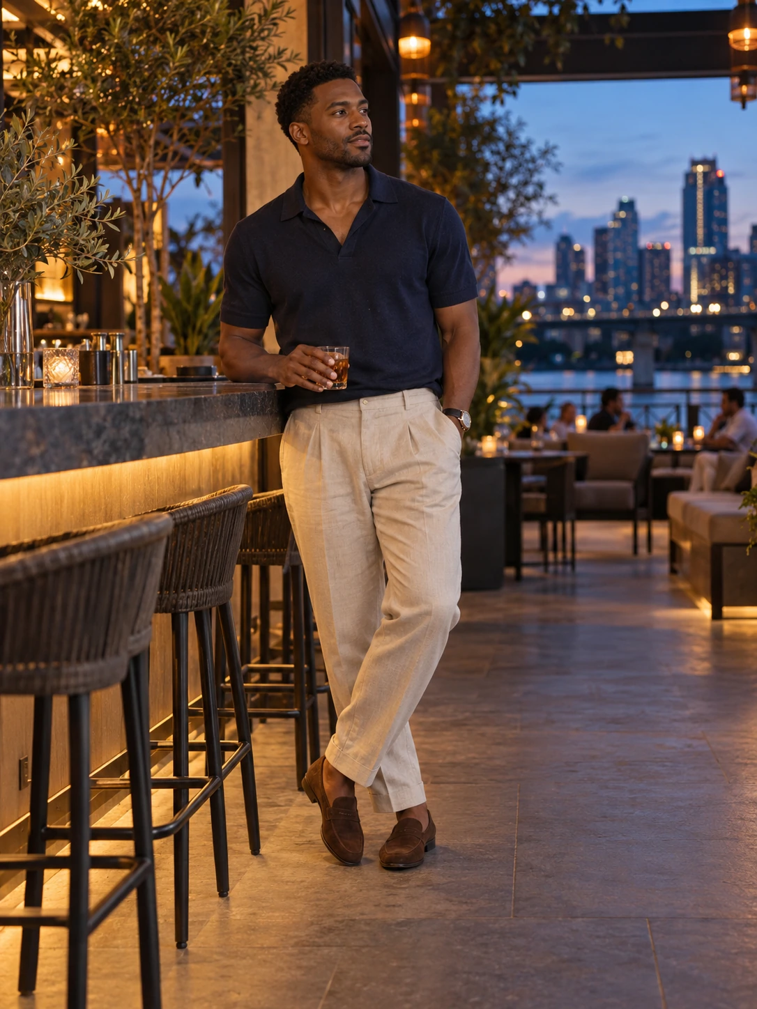 A man in a navy open-collar knit polo, stone pleated trousers and brown loafers beside a bar in an Austin indoor-outdoor lounge.
