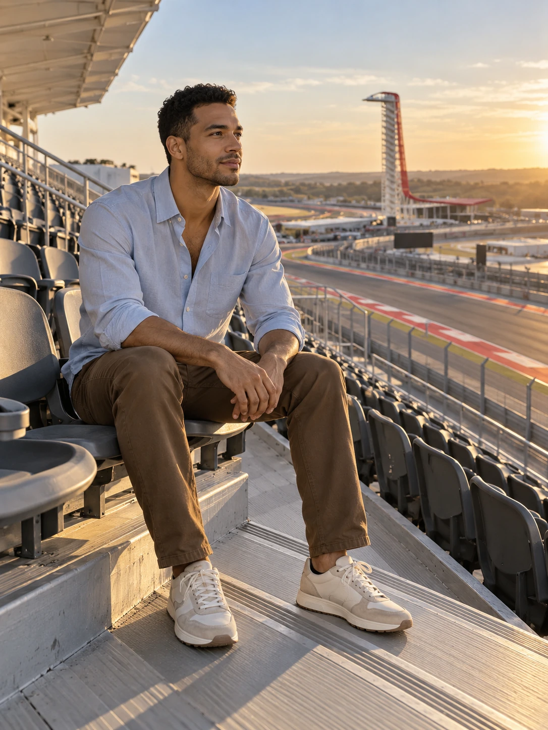 A man in a pale blue poplin shirt and tobacco trousers seated in a COTA-inspired grandstand, with the red observation tower behind him.