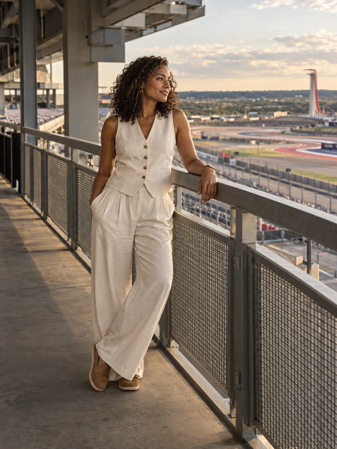 A woman in an ivory sleeveless waistcoat, fluid matching trousers and supportive flat shoes in a shaded circuit grandstand setting.