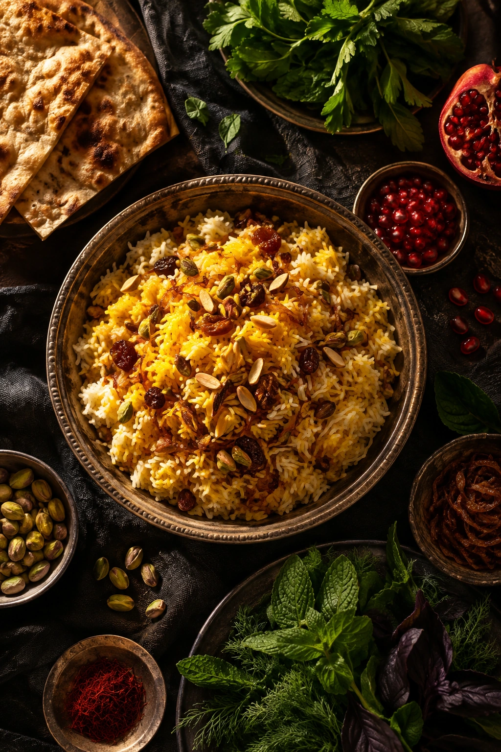 Saffron rice, fresh herbs, pomegranate and flatbread on dark linen
