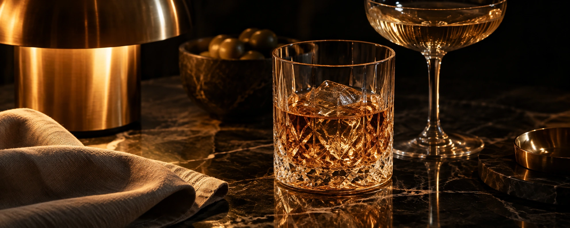 Fine glassware, linen and a warm lamp on dark stone