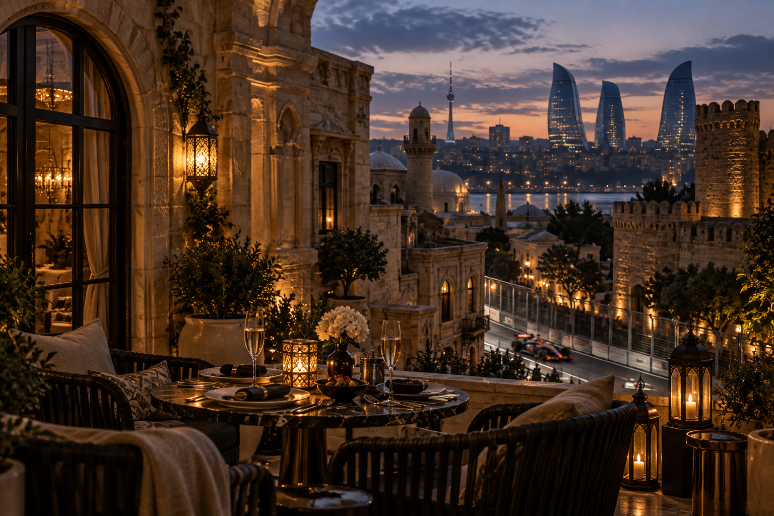 Baku Old City and Flame Towers at dusk
