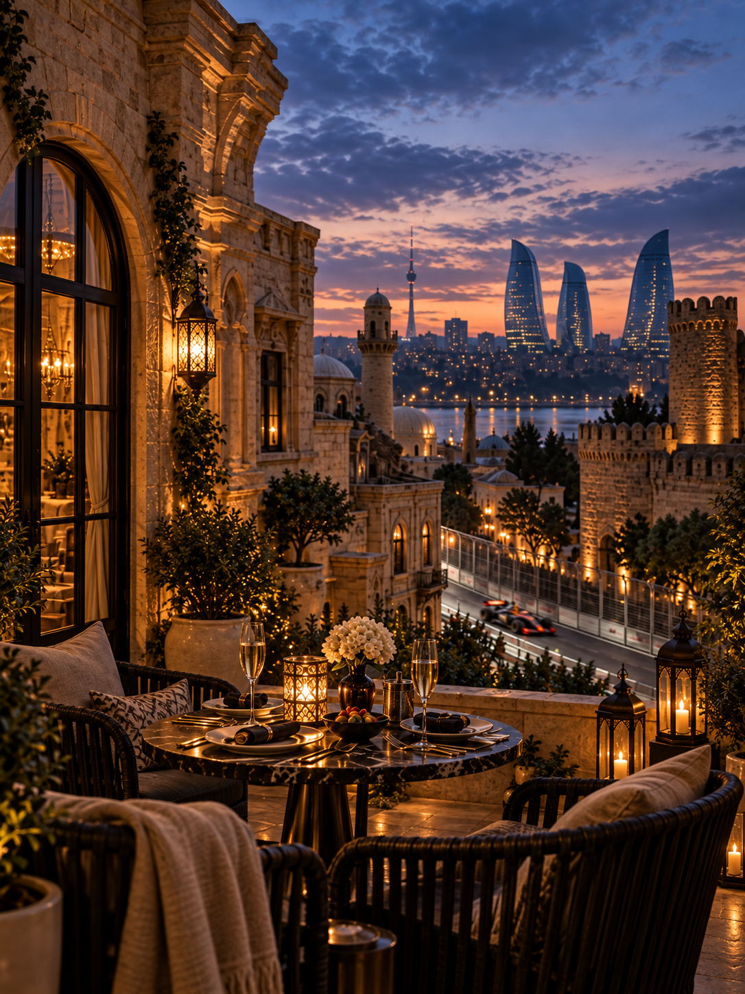 Editorial illustration of a candlelit terrace overlooking Baku’s Old City and Flame Towers at twilight