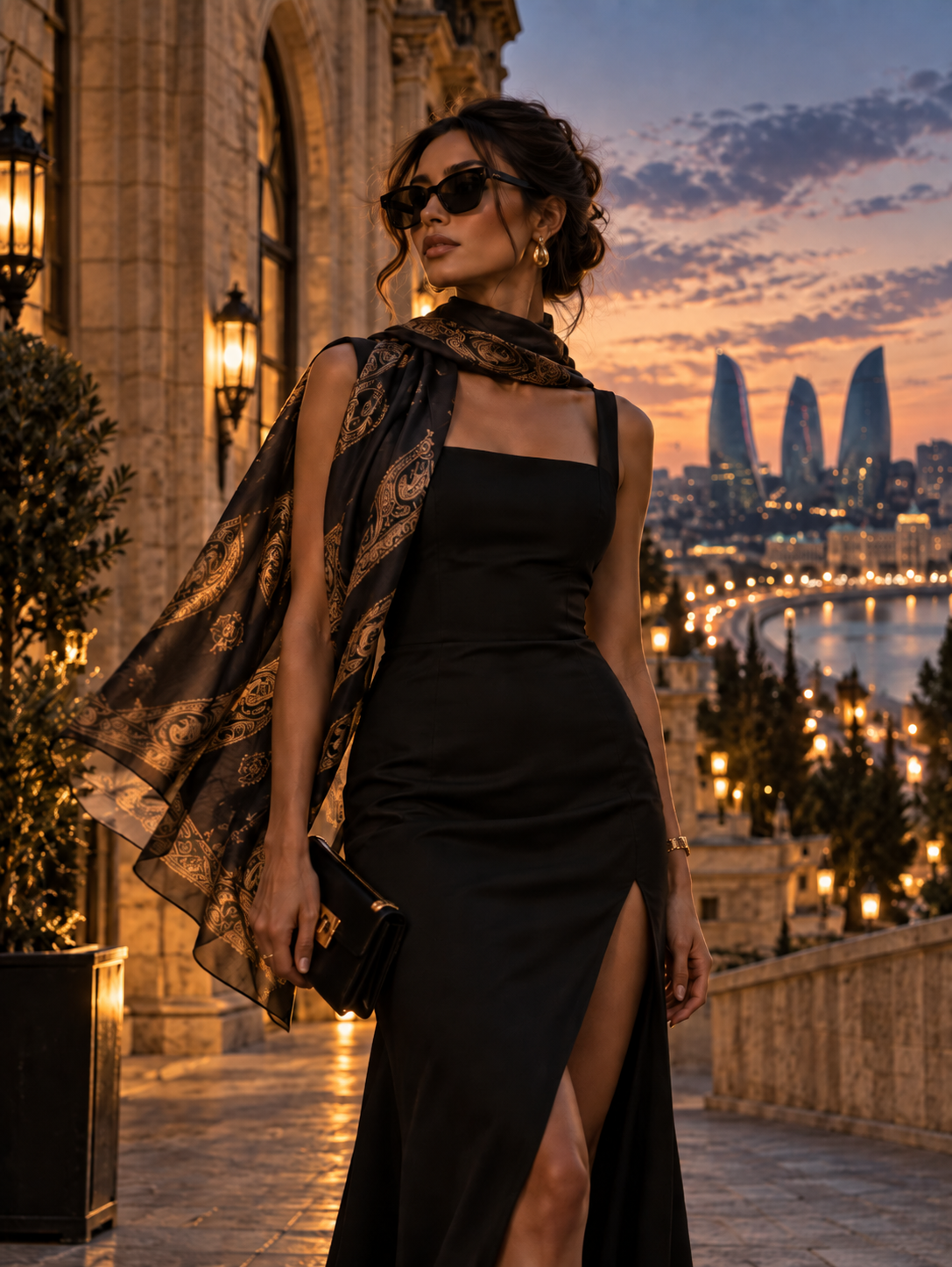 Woman in a black evening dress with a draped kelaghayi against Baku’s skyline at dusk