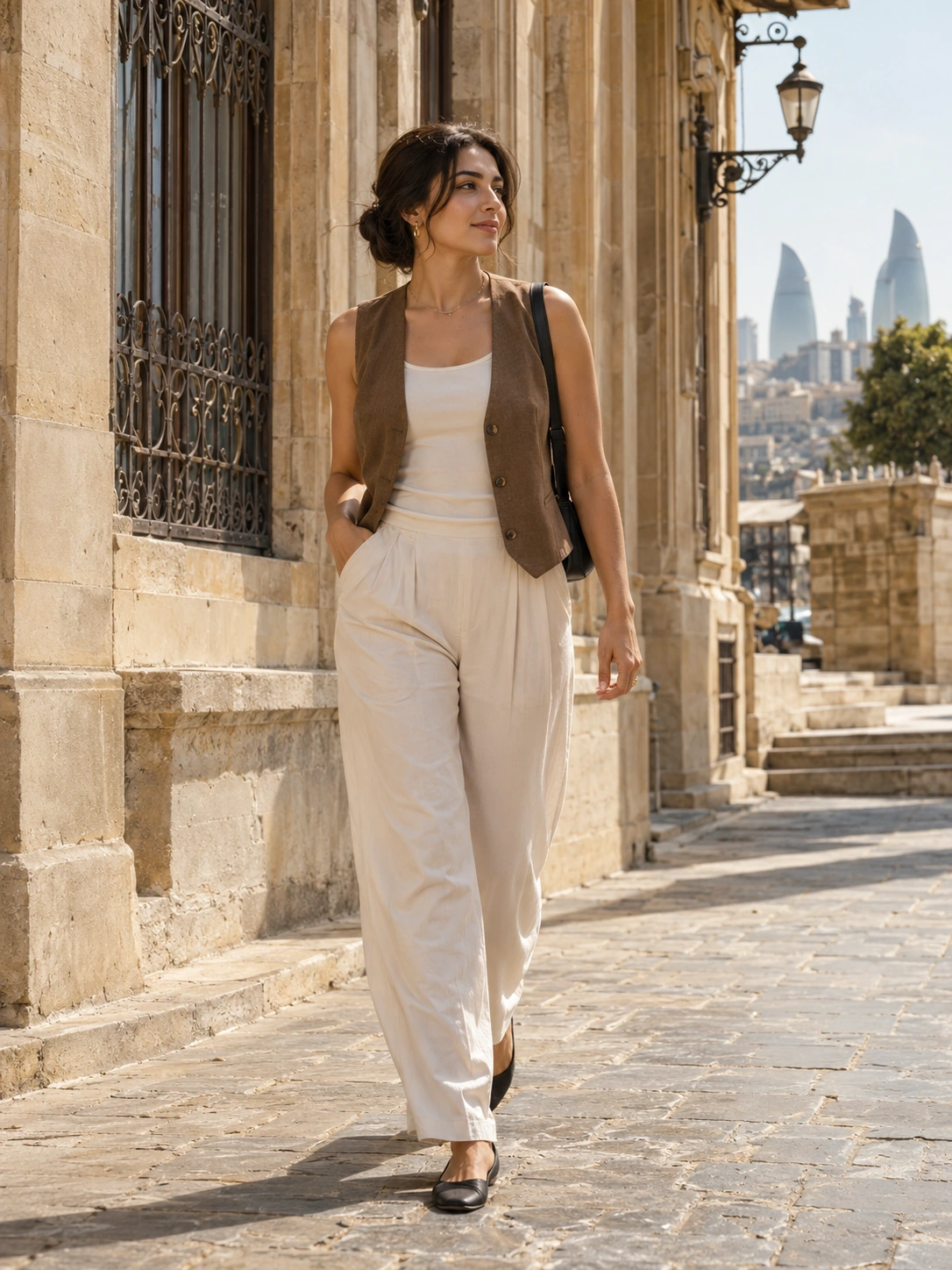 Editorial image of light women’s tailoring and practical flats on a sandstone Baku street.