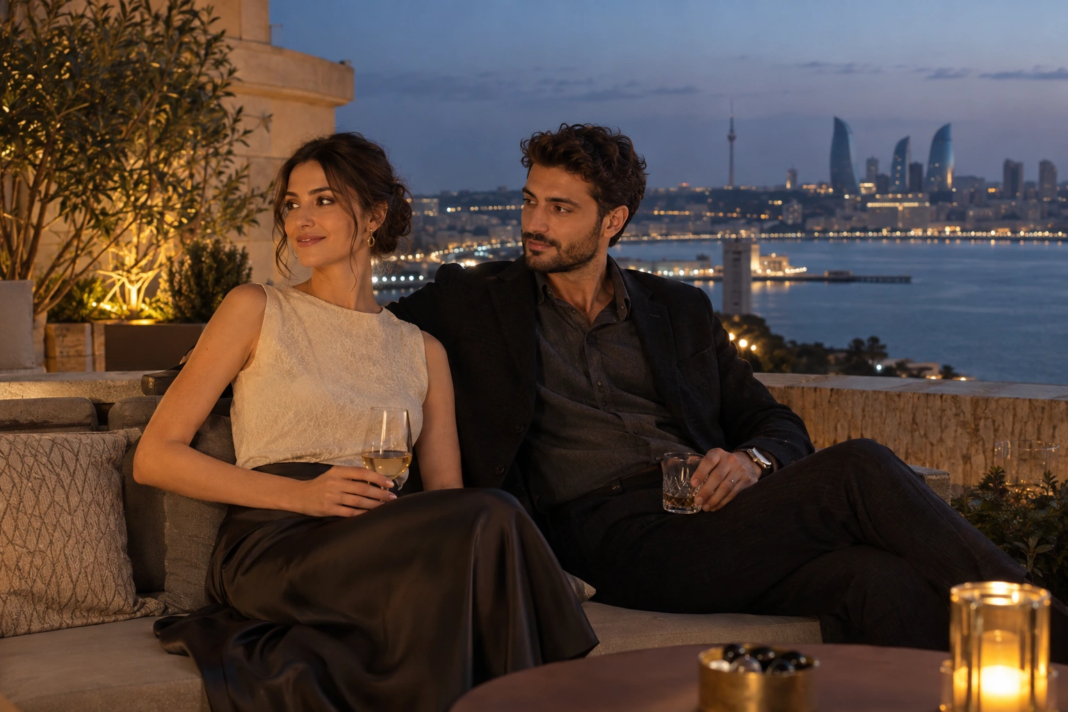 Editorial image of women’s and men’s evening styling on a Caspian-facing terrace at twilight.
