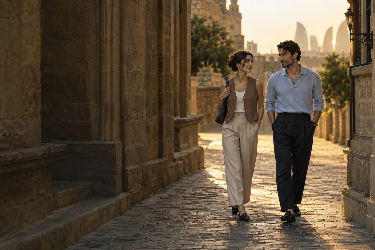 Editorial image of a woman and man in light tailoring and practical footwear walking through Baku’s Old City at golden hour.