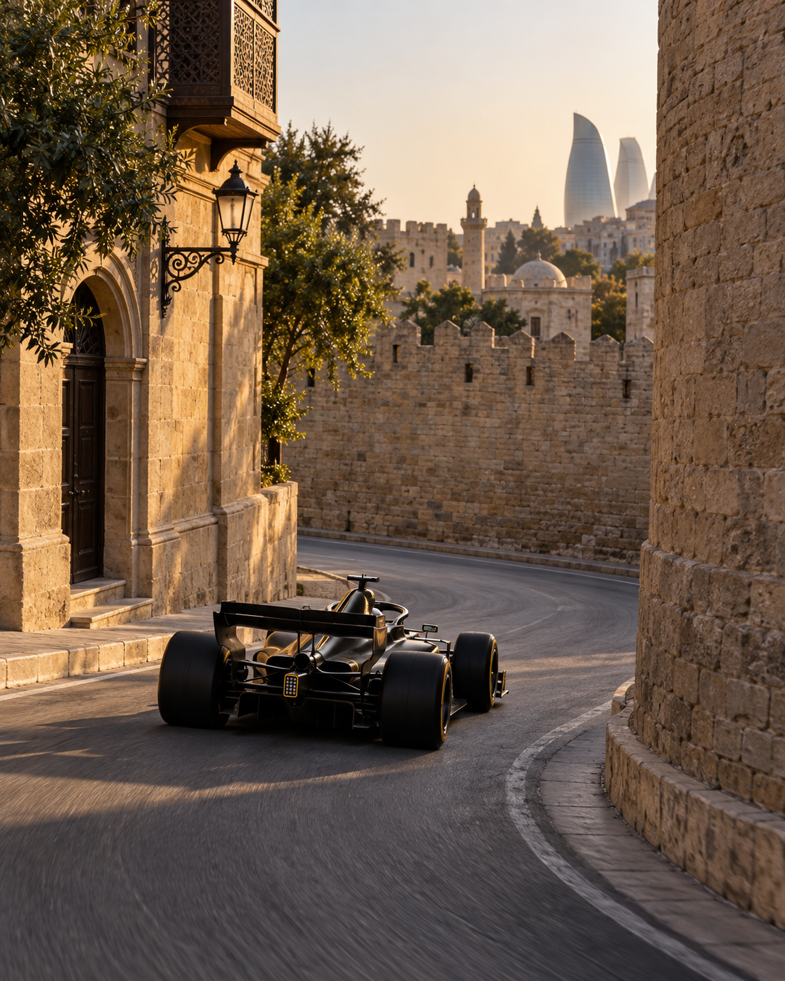 Editorial illustration of an unbranded open-wheel racing car passing through Icherisheher.