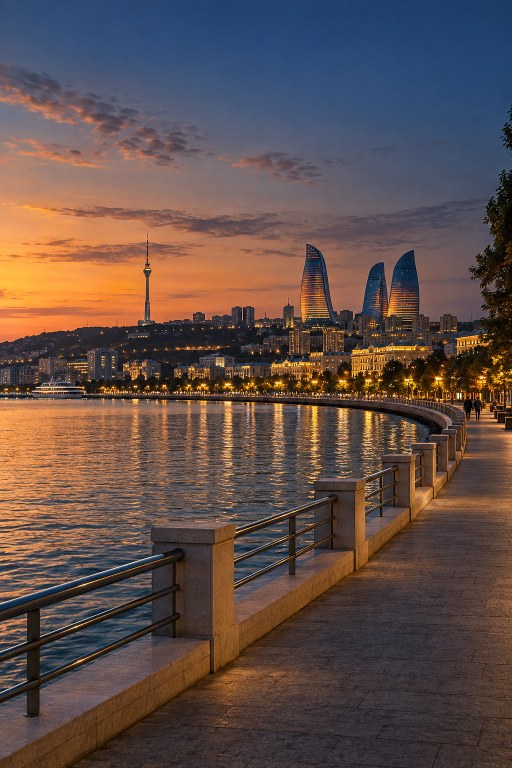 Editorial view of Baku’s dry Caspian waterfront promenade at sunset.