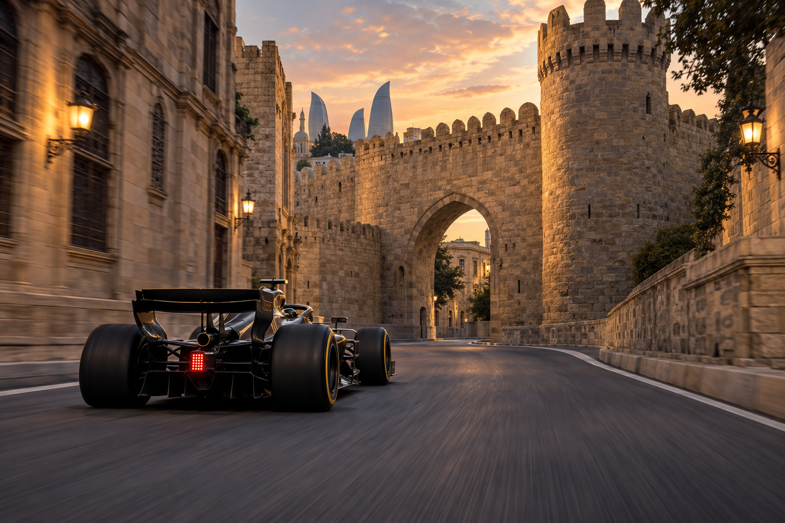 Editorial illustration of an unbranded open-wheel racing car speeding through Baku’s Old City at sunset.
