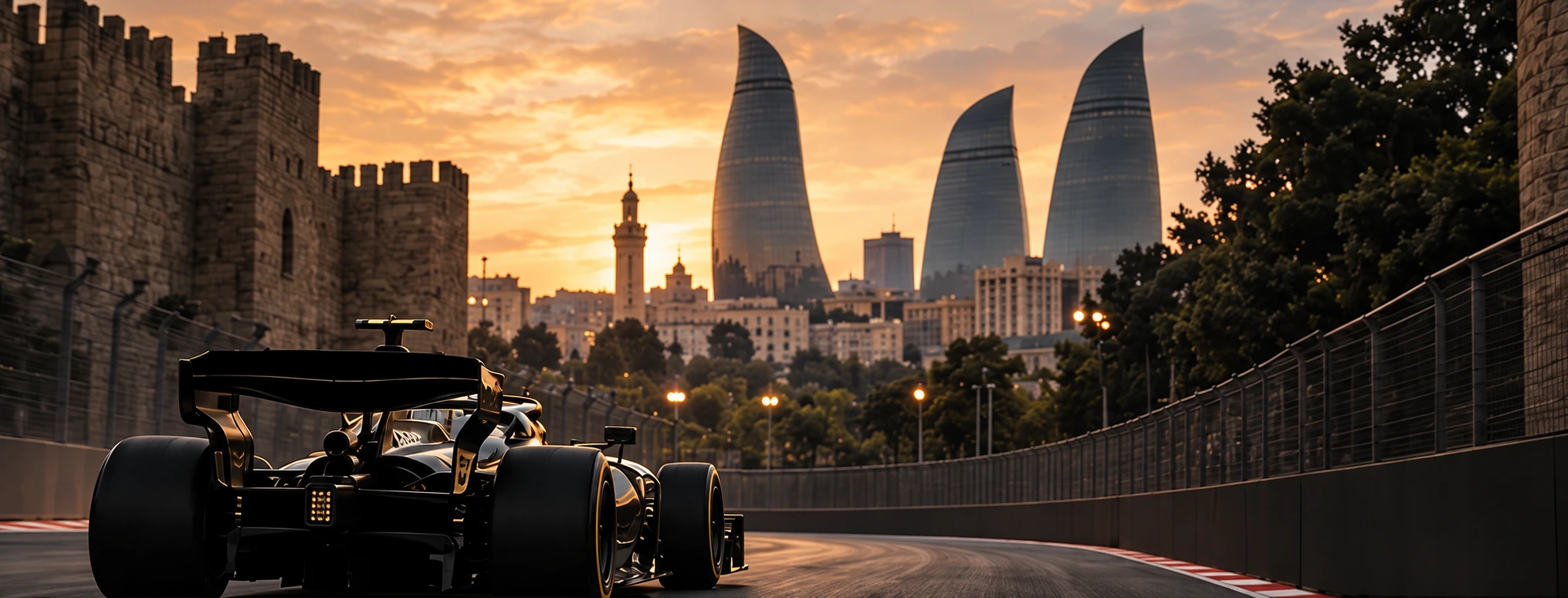 An unbranded fictional racing car beneath Baku’s Old City walls and Flame Towers at sunset