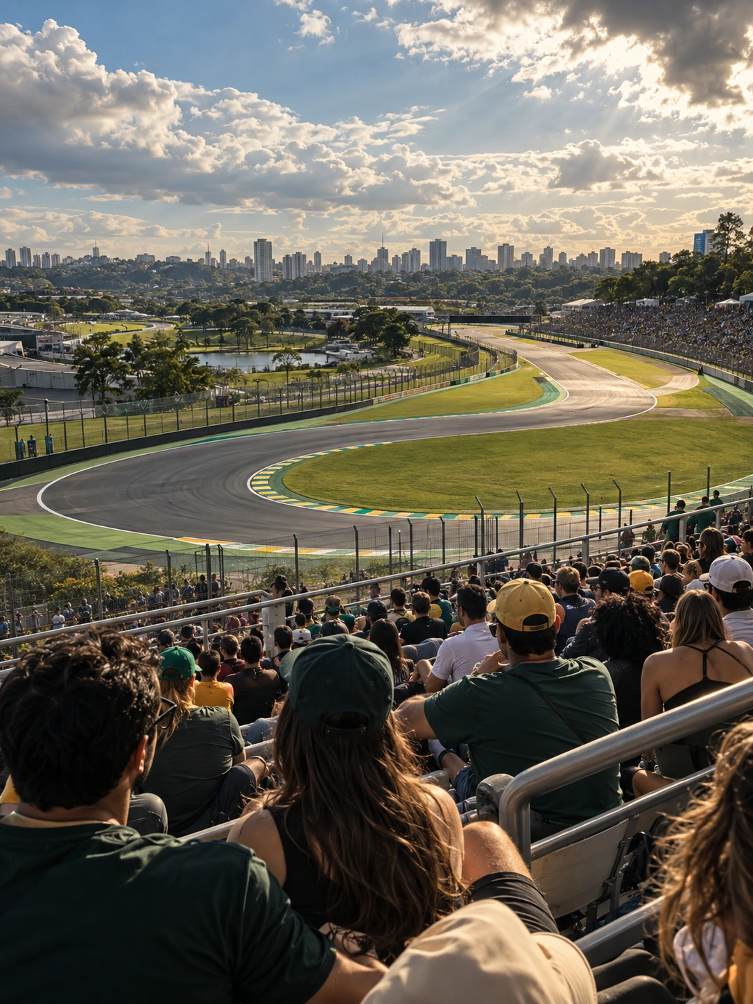 Spectator-level atmosphere in an Interlagos-inspired grandstand, with dry track and late-afternoon light.