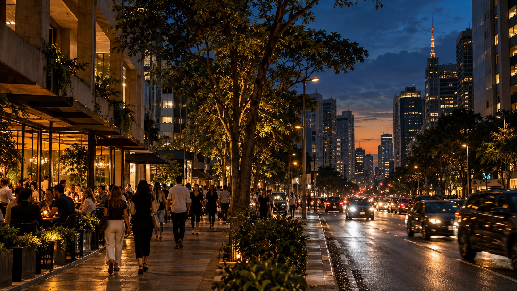 A tree-lined São Paulo avenue with modernist architecture and warm cafés at blue hour.