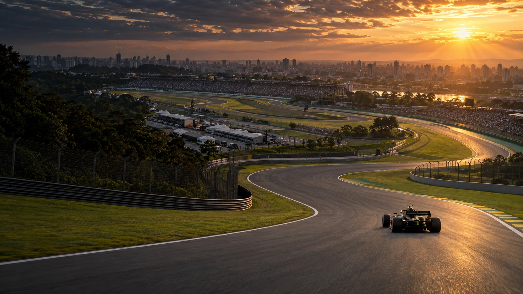 A small unbranded black-and-gold open-wheel car racing away through a sweeping Interlagos-inspired circuit in warm evening light.