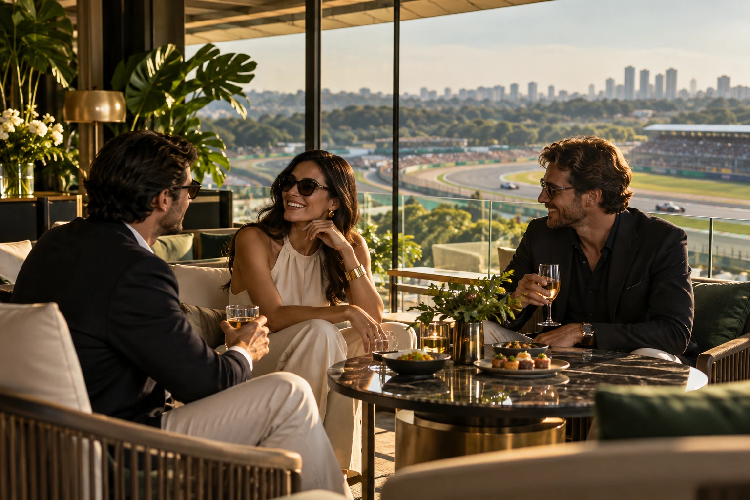 Guests talking in an anonymous elegant shaded trackside lounge in warm evening light.