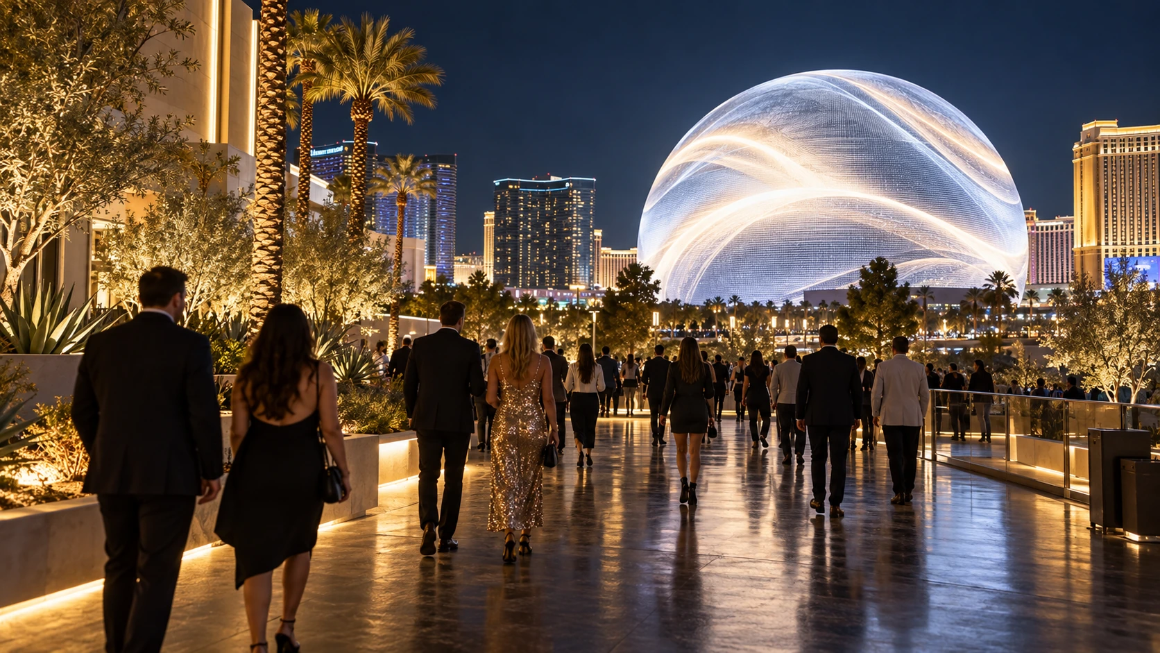 Las Vegas after dark, with illuminated architecture, warm street lighting and people continuing their evening in the city.
