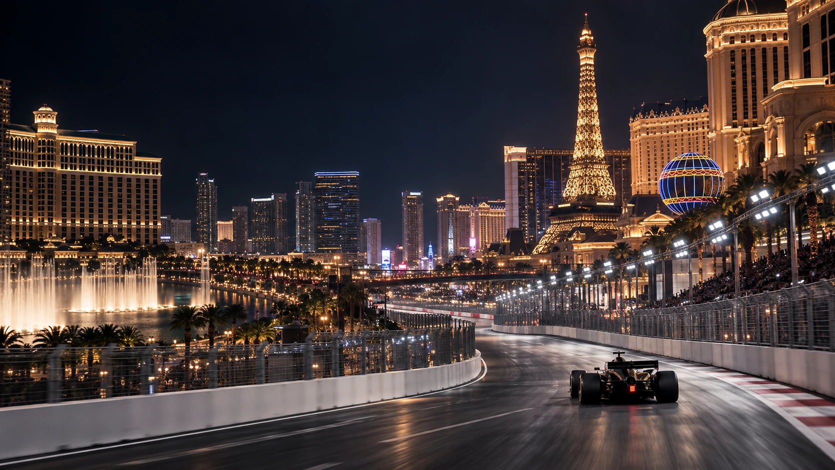 An unbranded black open-wheel car heading away beneath the lights of a Las Vegas-inspired street circuit at night.
