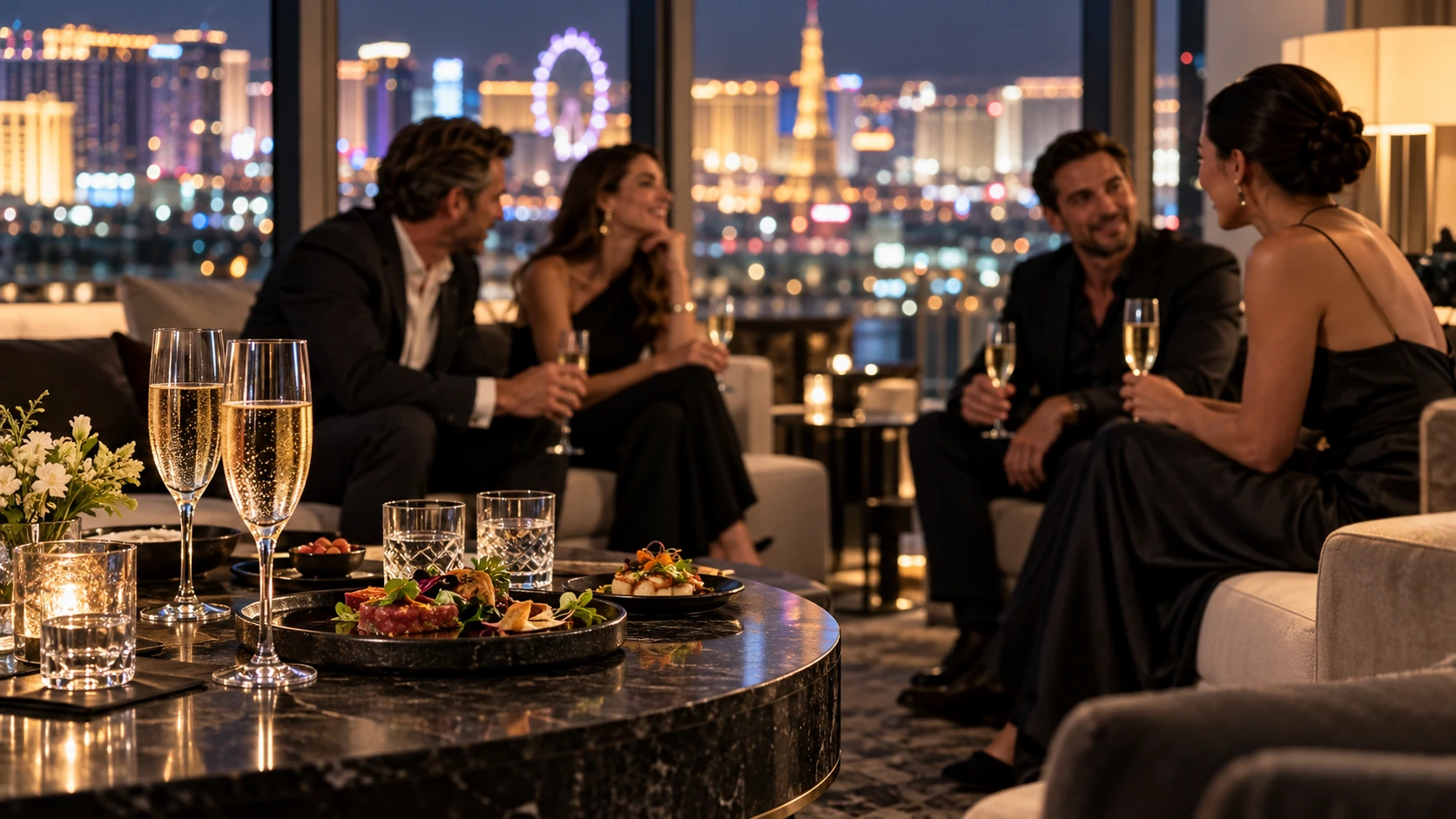 An atmospheric evening hospitality setting with warm table lighting and the city beyond, illustrating the mood of a social race weekend.