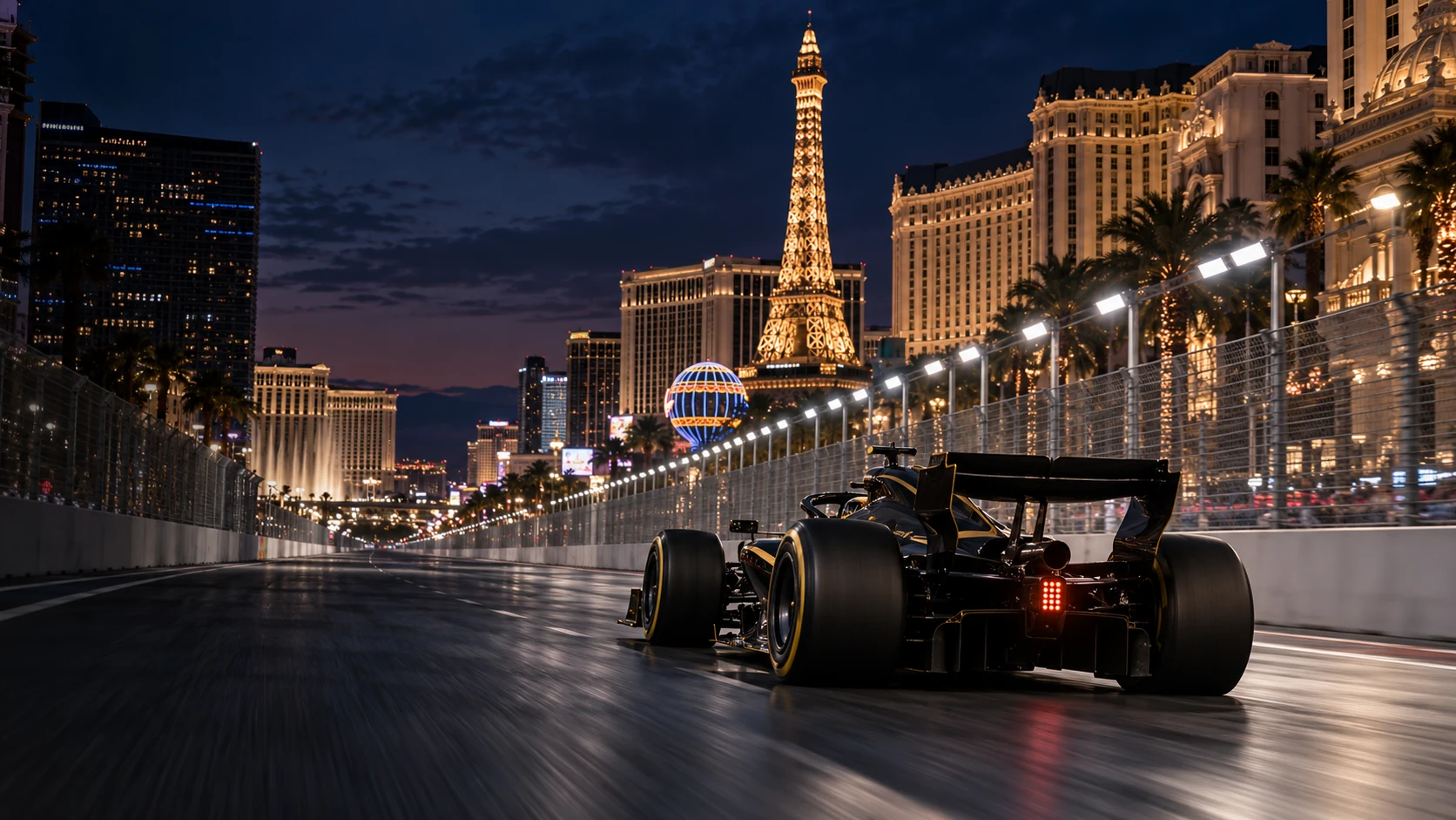 An unbranded black-and-gold open-wheel car heading down a closed Las Vegas-inspired street circuit beneath warm resort lights and an indigo evening sky.
