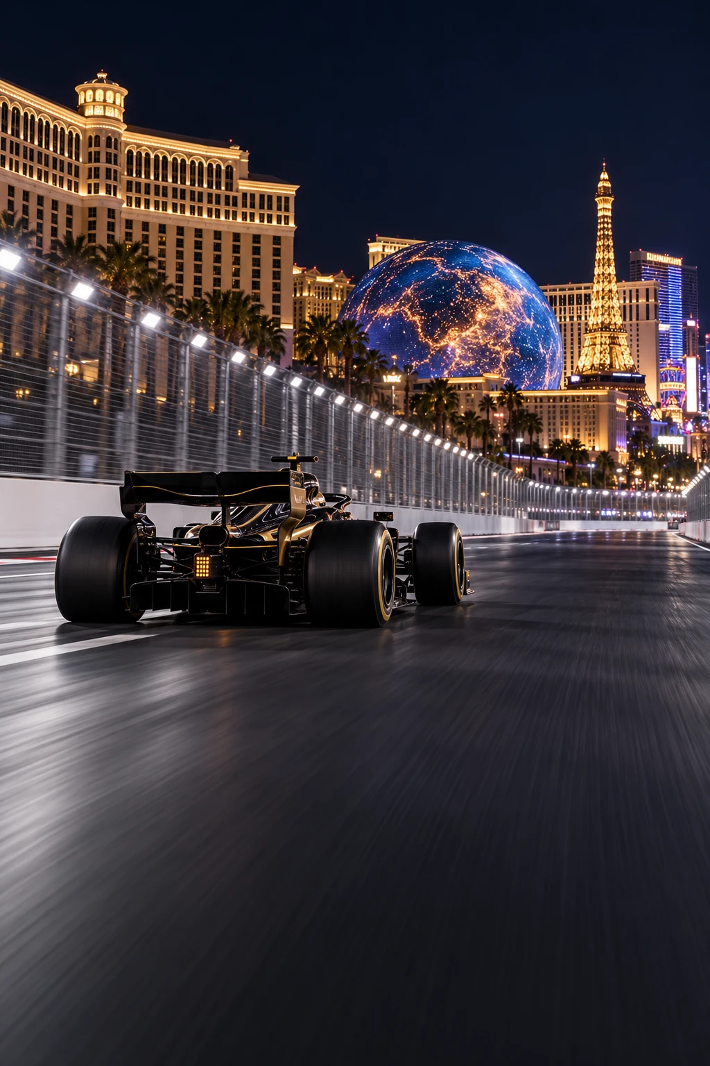 An unbranded black-and-gold open-wheel car racing away along a Las Vegas-inspired street circuit at night.