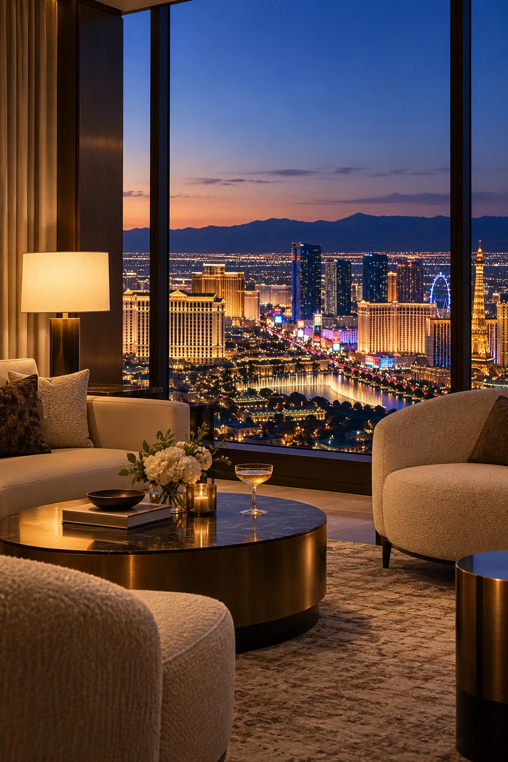 An imagined contemporary suite with warm ivory furnishings and a view of the Las Vegas skyline at blue hour.