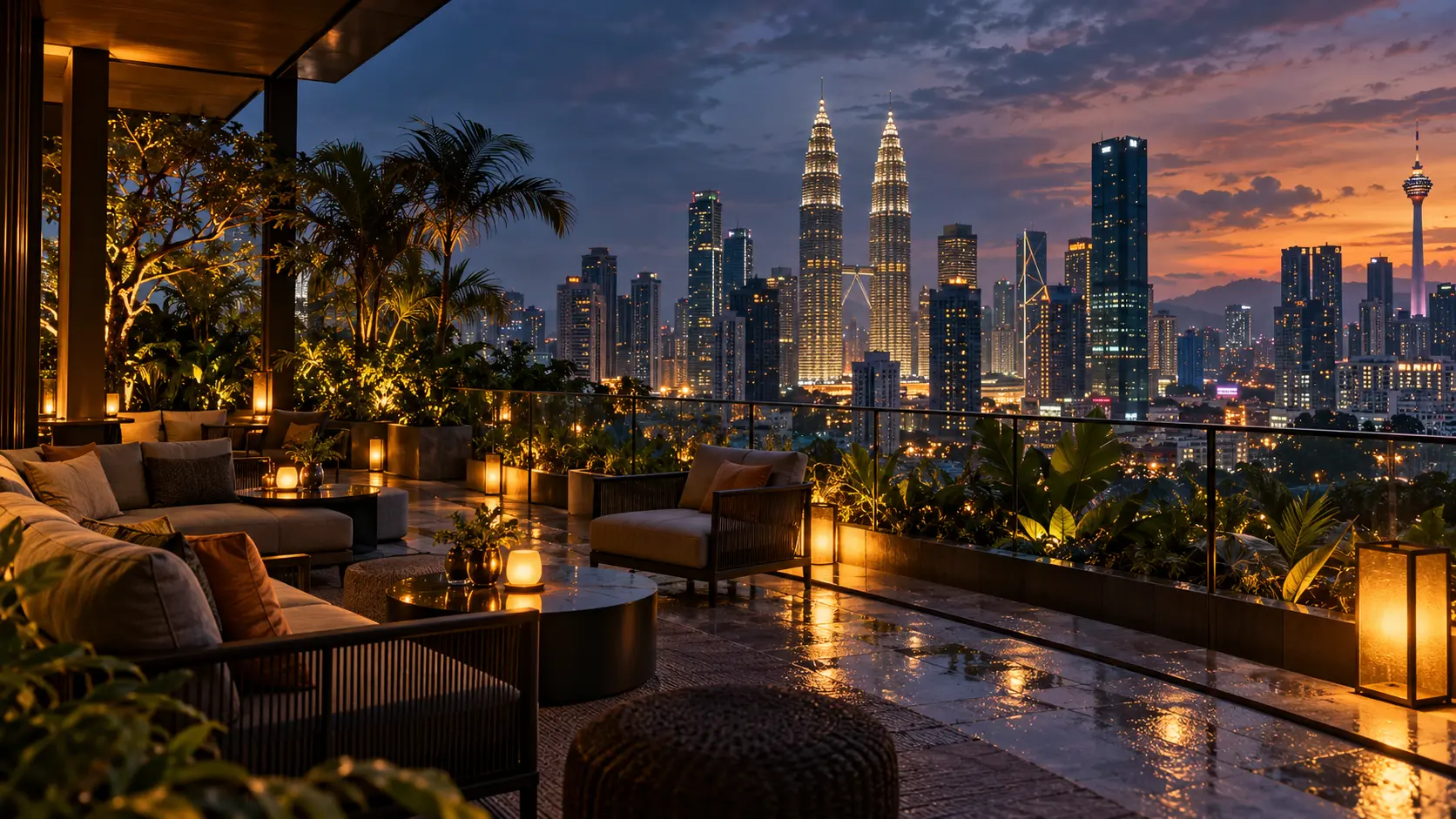 A refined Kuala Lumpur hotel terrace at dusk overlooking the city skyline and Petronas Twin Towers