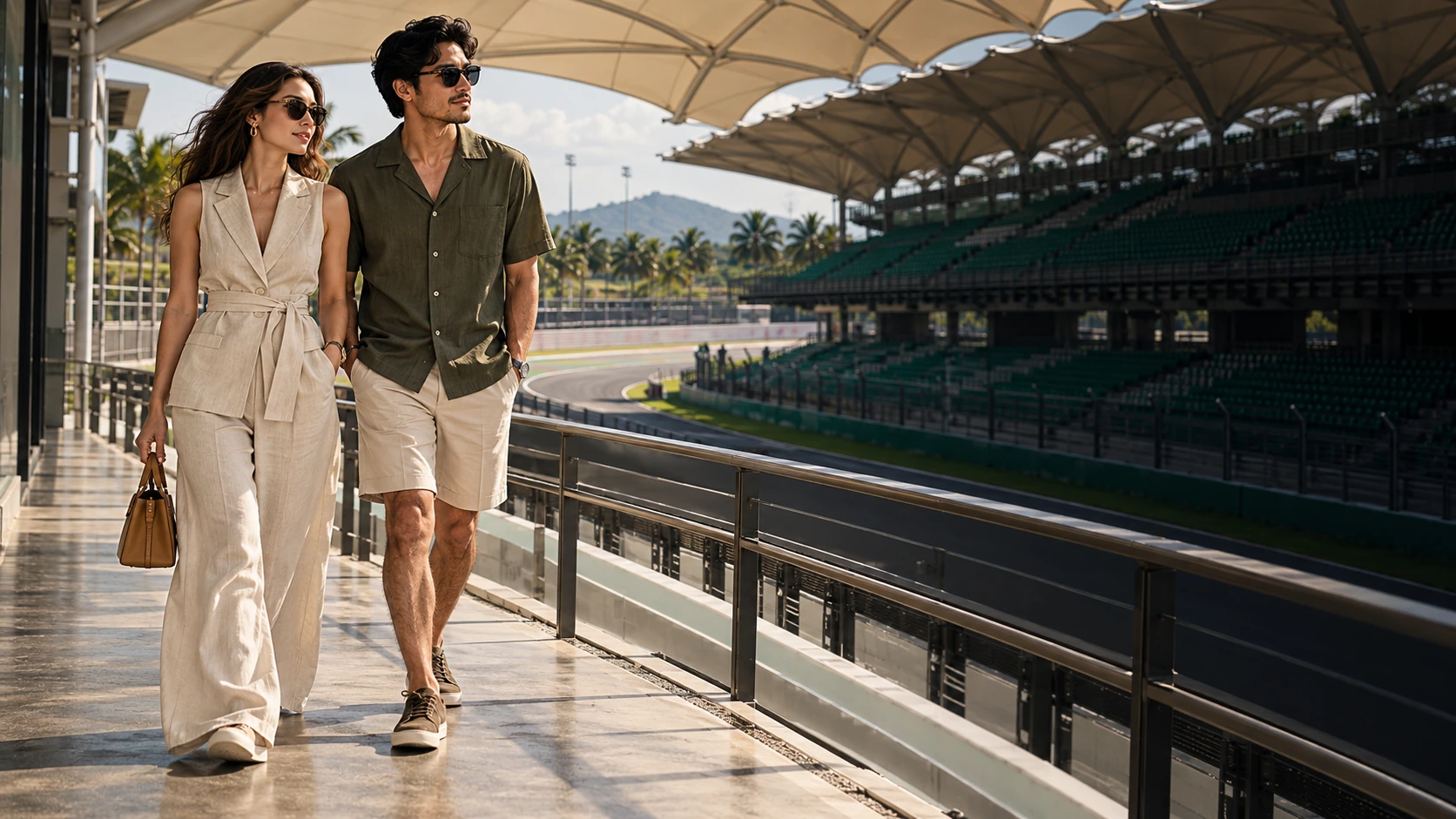 A couple walking beside a Sepang-inspired grandstand, wearing stone linen tailoring and an olive shirt with longer tailored shorts.