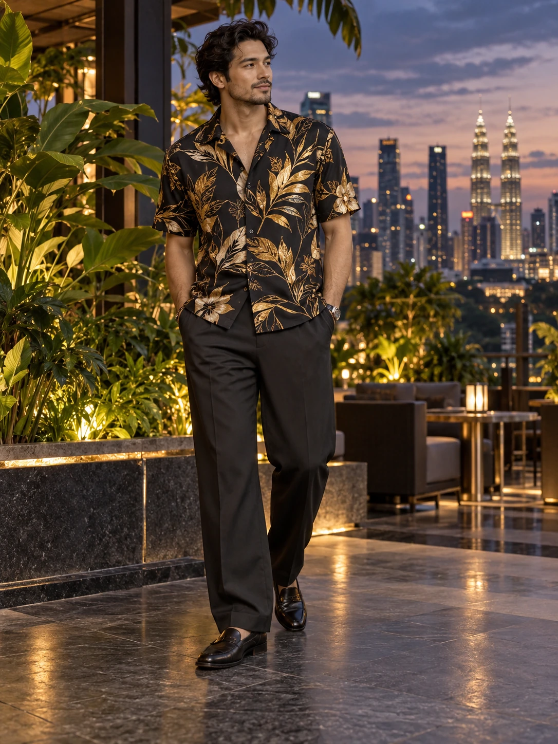 A man in an original patterned shirt with dark fluid trousers in Kuala Lumpur at early evening.