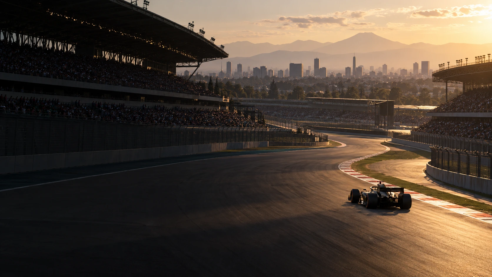 Warm late-afternoon light over a Mexico City-inspired stadium circuit, with a small unbranded black-and-gold open-wheel car racing away.