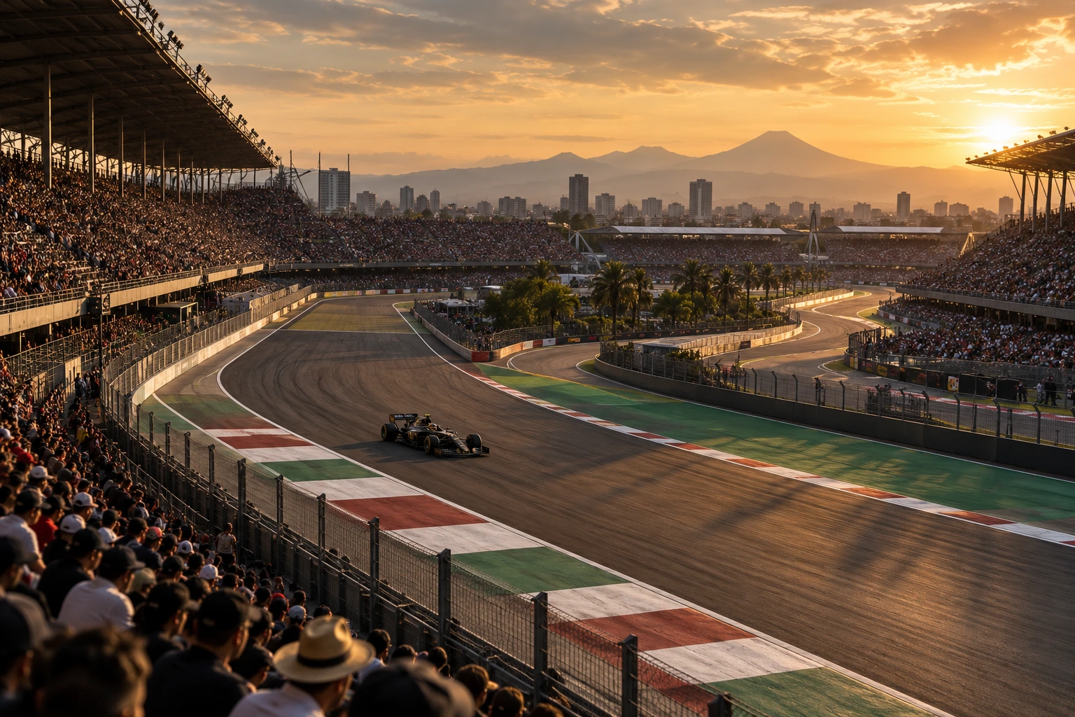 A small unbranded black-and-gold open-wheel racing car in a Mexico City-inspired stadium circuit.