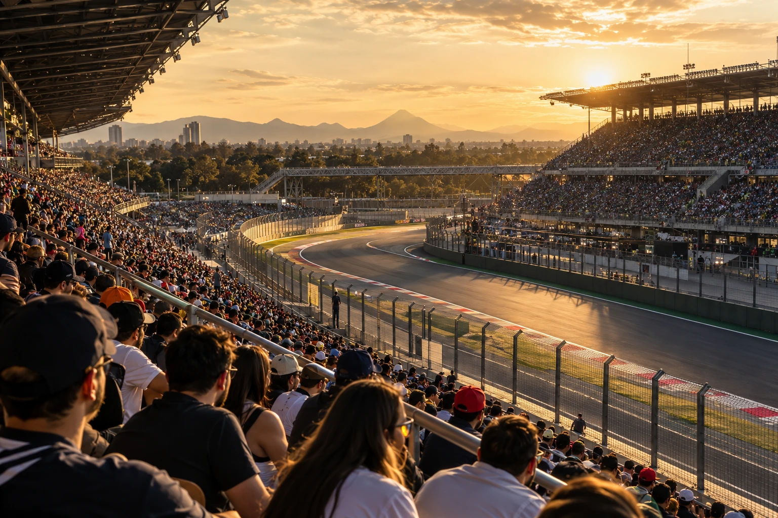 Spectator-level atmosphere in a Mexico City-inspired stadium grandstand, with dry track and late-afternoon light.