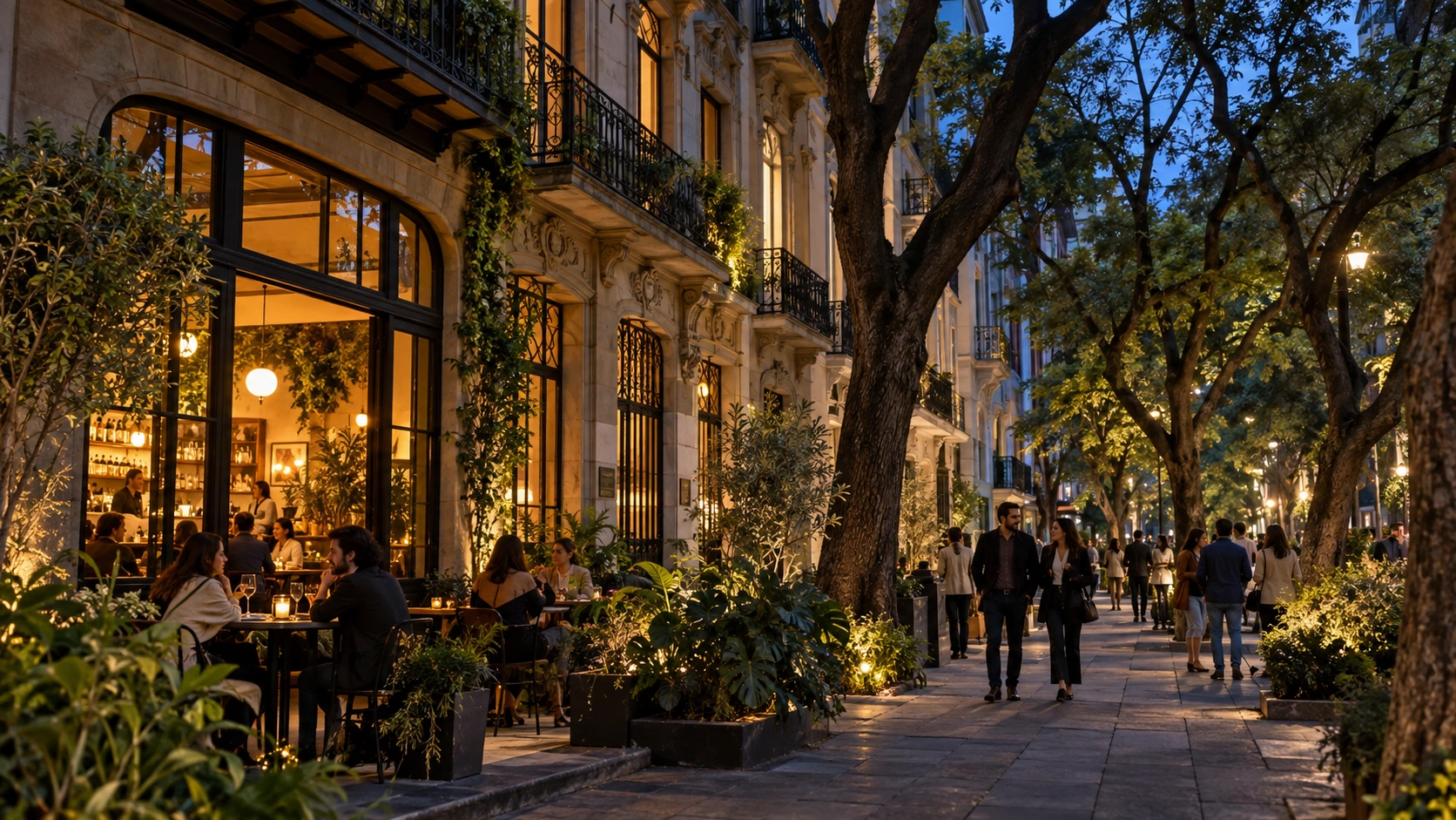 A tree-lined Mexico City street with handsome stone architecture and warm cafés at blue hour.