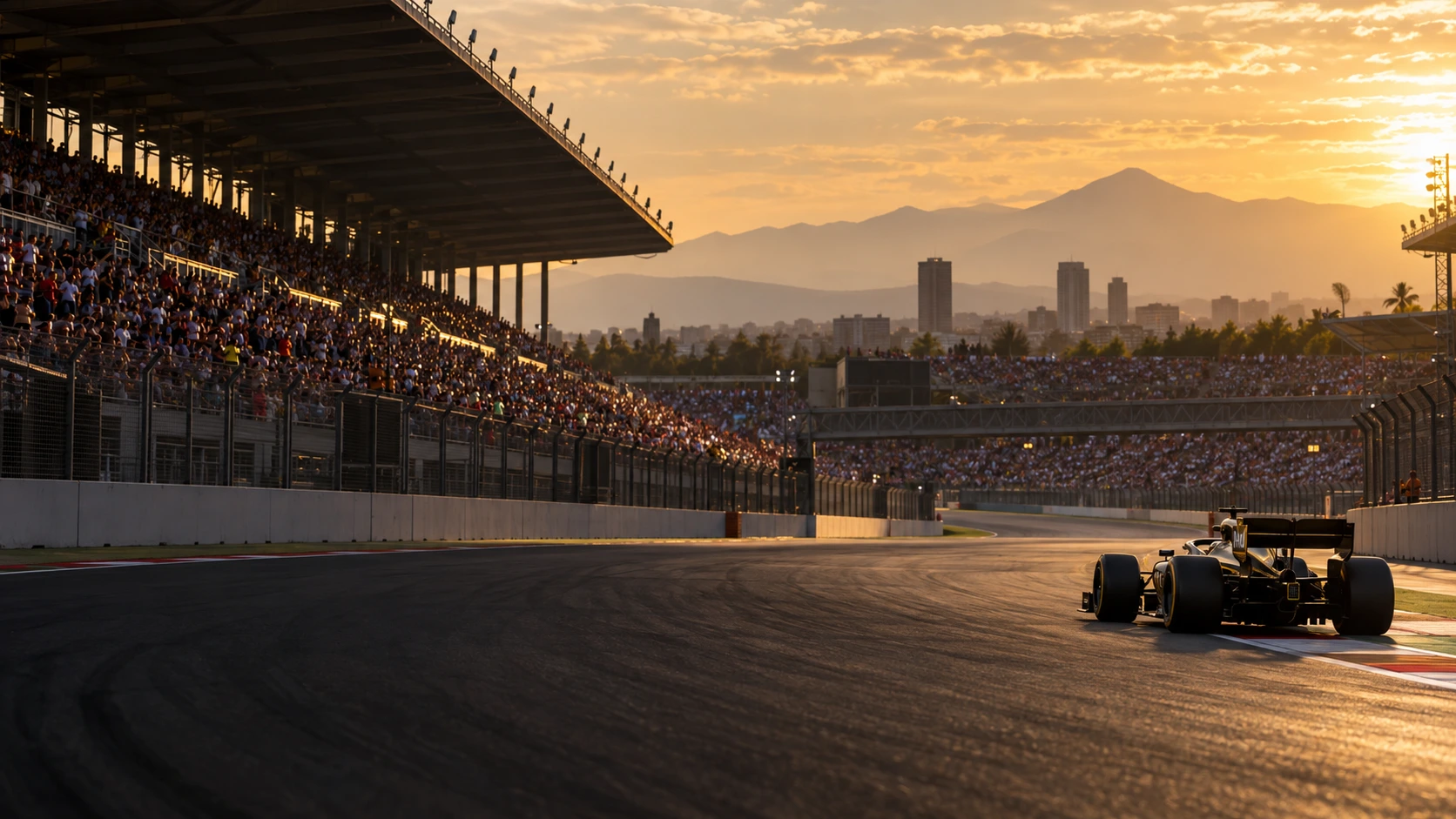 A small unbranded black-and-gold open-wheel car racing away through a sweeping Mexico City-inspired stadium circuit in warm evening light.