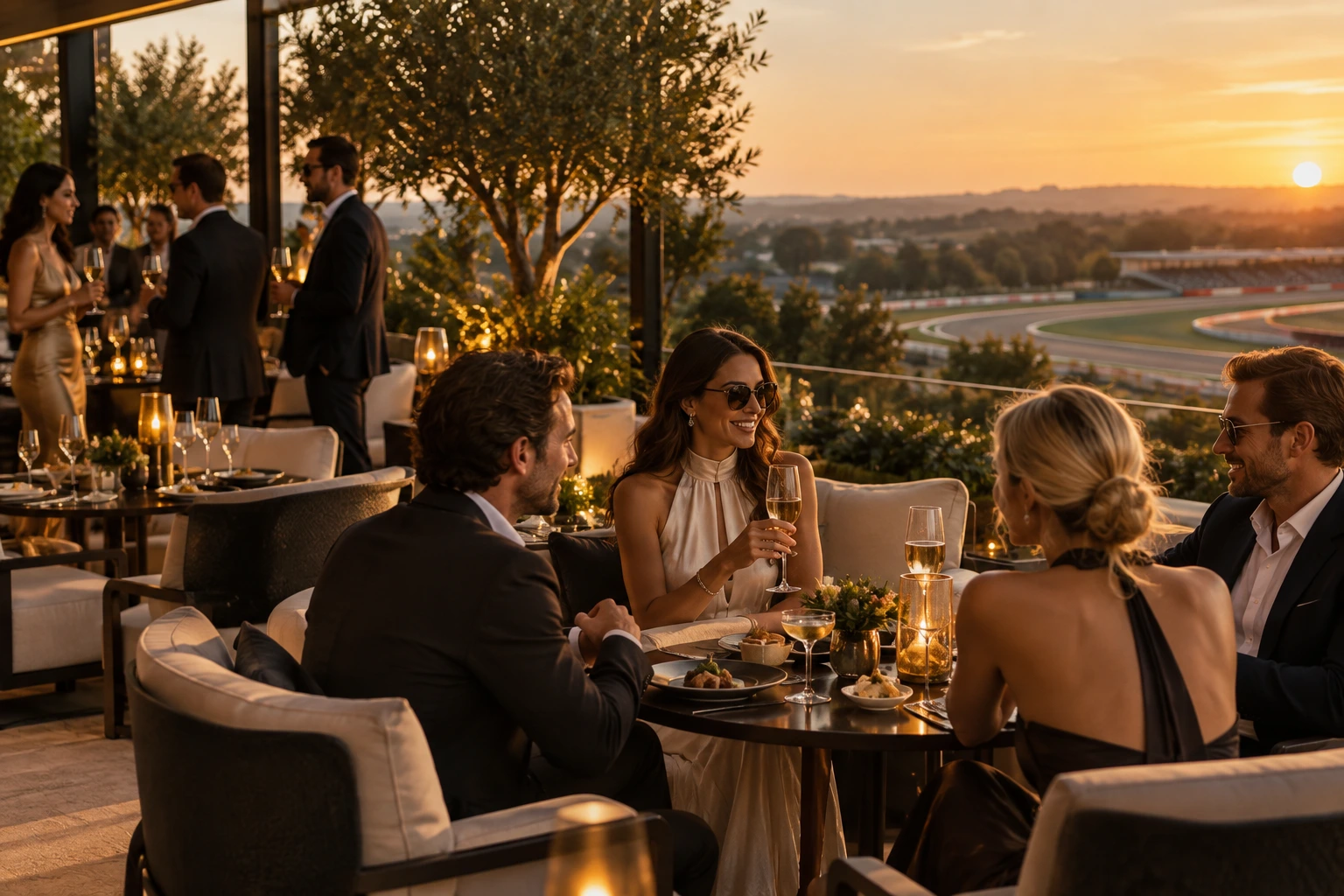 Guests talking in an anonymous elegant shaded trackside lounge in warm evening light.