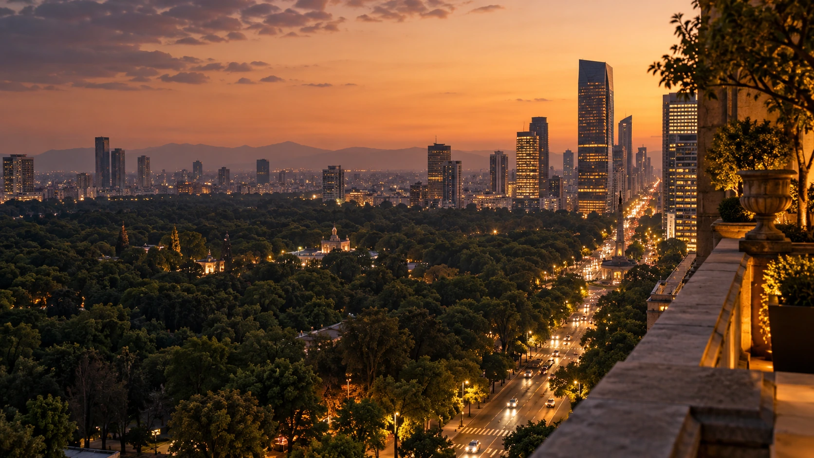 An anonymous refined hotel terrace overlooking Mexico City in warm evening light.