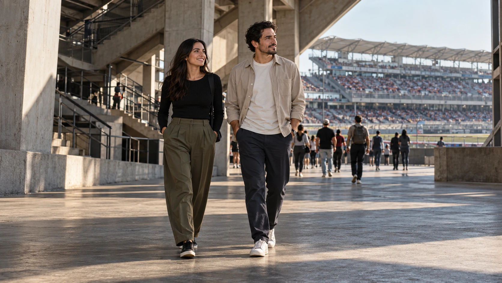 A couple arriving at a shaded Mexico City-inspired stadium approach in light removable layers and comfortable walking shoes.