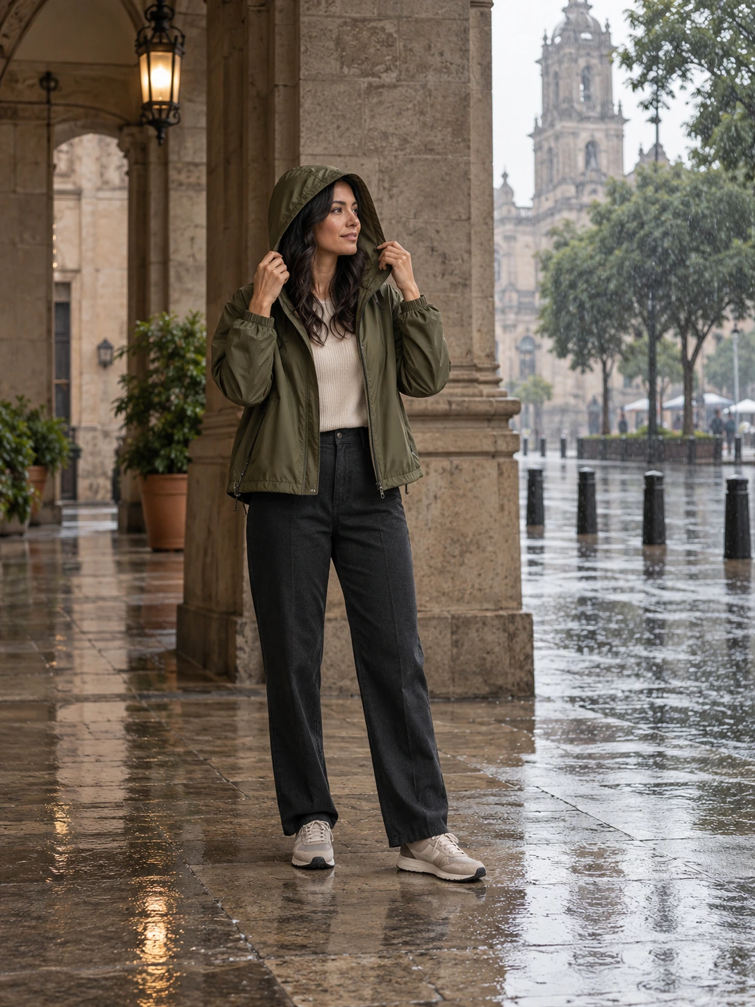 A woman adjusting the hood of a compact olive rain shell over an ecru top and dark trousers beneath a sheltered Mexico City arcade after a shower.