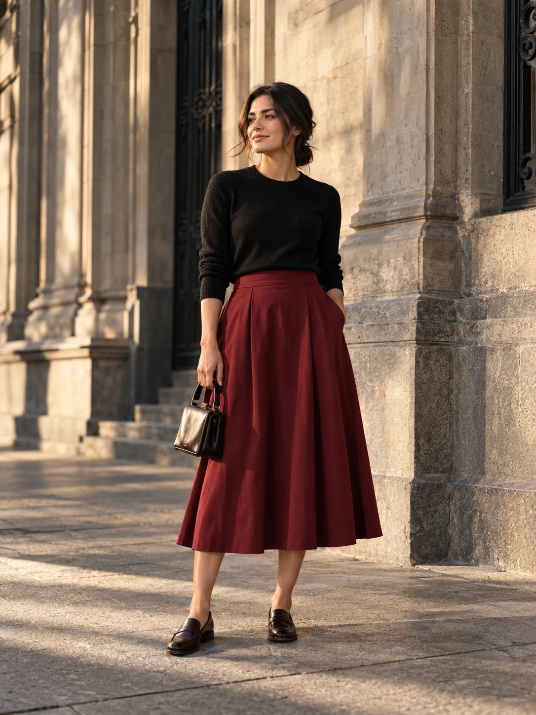 A woman in a black fine-knit top and oxblood midi skirt against Mexico City stone architecture.