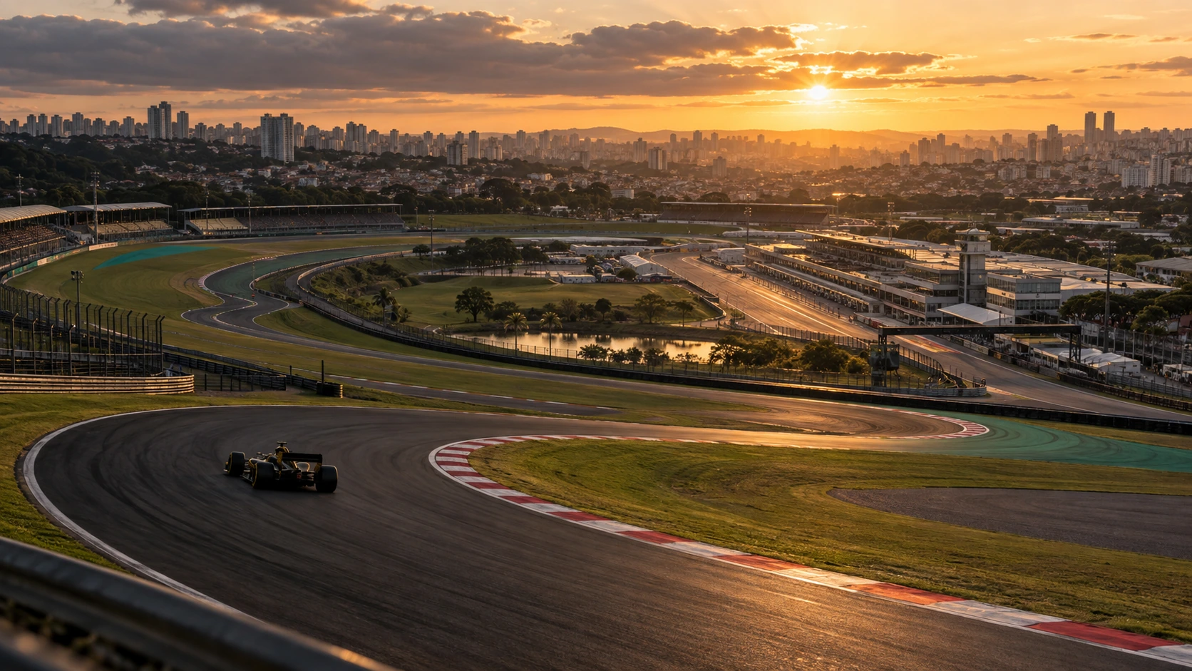 Warm late-afternoon light over an Interlagos-inspired circuit, with green infield, sweeping asphalt and a small unbranded black-and-gold open-wheel car racing away.