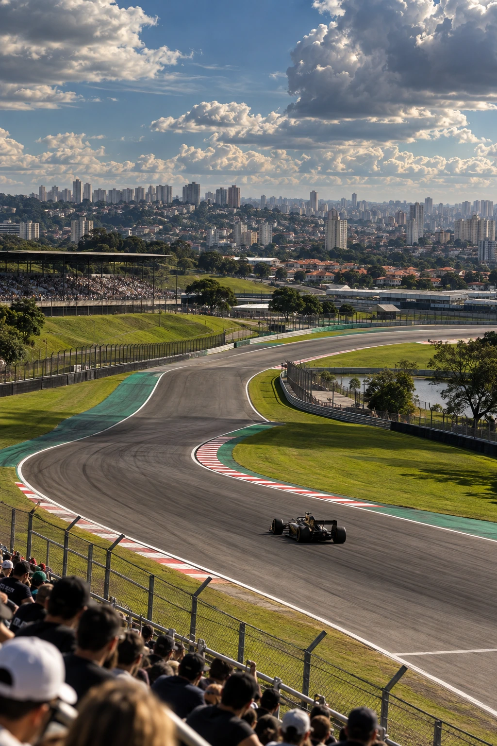 A small unbranded black-and-gold open-wheel car racing through an Interlagos-inspired circuit landscape.