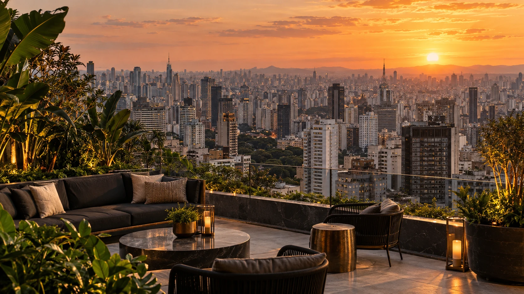 An anonymous planted urban terrace overlooking São Paulo’s layered skyline in warm sunset light