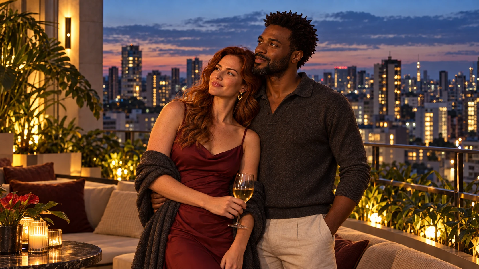 A couple standing close together enjoying an off-camera performance on a São Paulo-inspired evening terrace, in a burgundy dress and wrap and a charcoal knit polo with stone trousers.