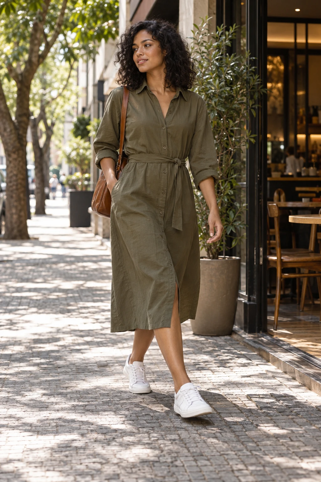 A woman in an olive midi shirt dress and white walking trainers on a leafy São Paulo neighbourhood street.