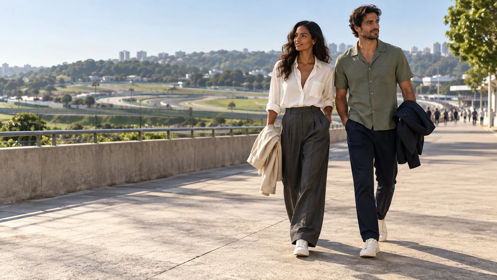 A couple arriving on an Interlagos-inspired pedestrian approach in light cotton separates and comfortable trainers.