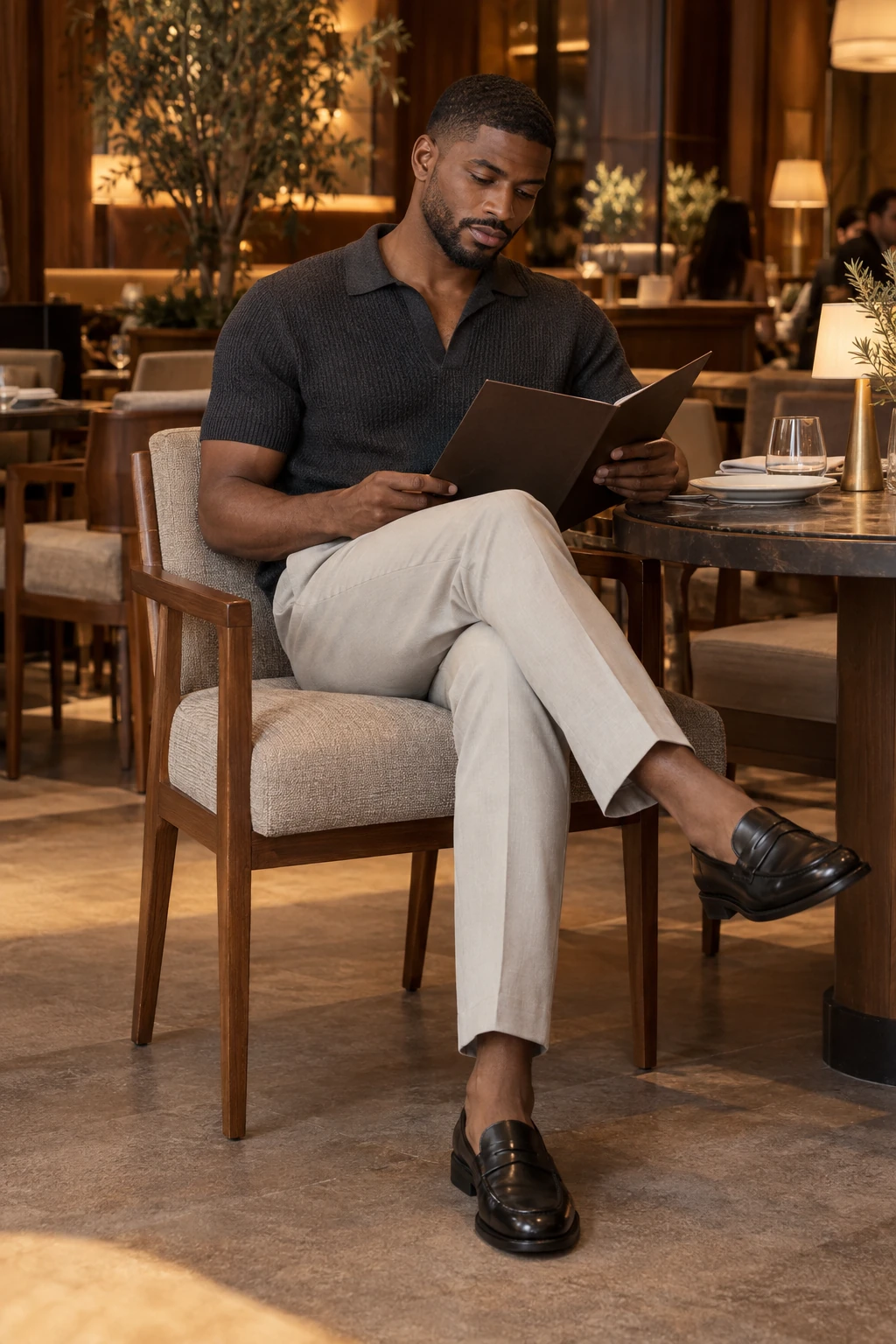 A man seated in a warm wood-lined São Paulo-inspired lounge in a charcoal knit polo, stone trousers and dark loafers.